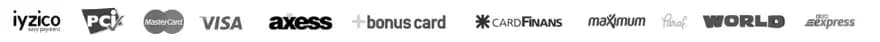 Güvenli ödeme: iyzico, PCI DSS, Visa, Mastercard, American Express, Axess, Bonus, CardFinans, Maximum, Paraf, World